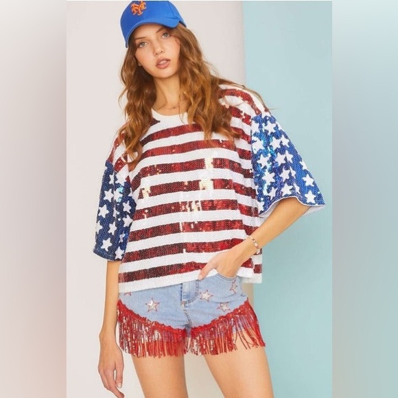 Main Strip Tops - American Flag Stars & Stripes Sequin Top - Main Strip